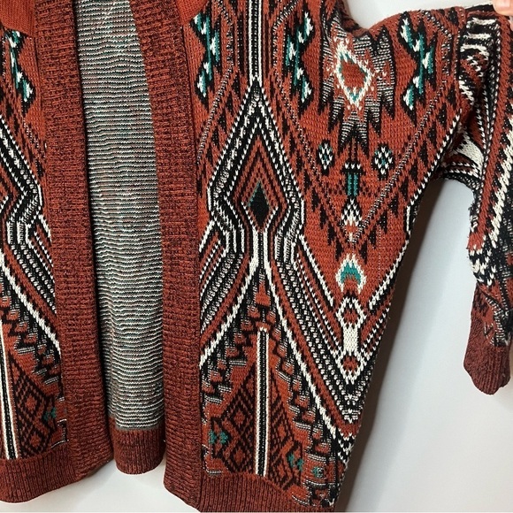 Ecoté Urban Outfitters Relaxed Fit Rust Aztec Hooded Cardigan Sweater Size Small - Picture 7 of 16
